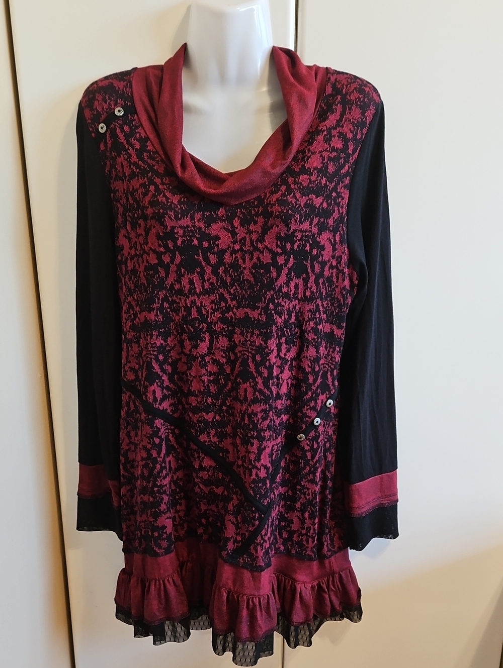 DOLCEEZA Burgundy and Black Patterned Cowl Neck Dress